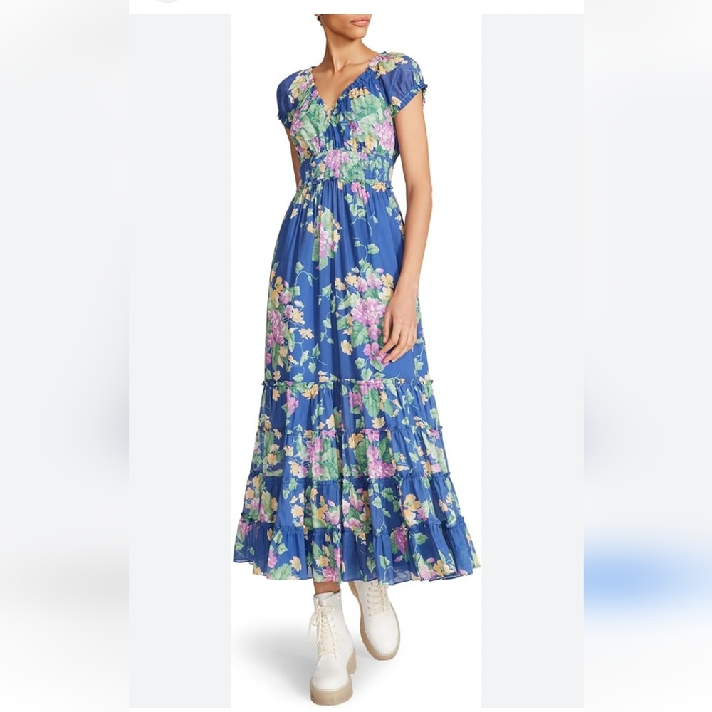 Betsey Johnson FLORAL SMOCKED  TIERED  MAXI SUN DRESS Blue Pink XS !